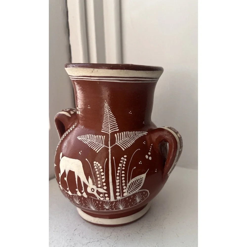 Vintage Handmade Mexican Pottery Vase Bird Flower Deer Signed J.‎ Pila Red Clay